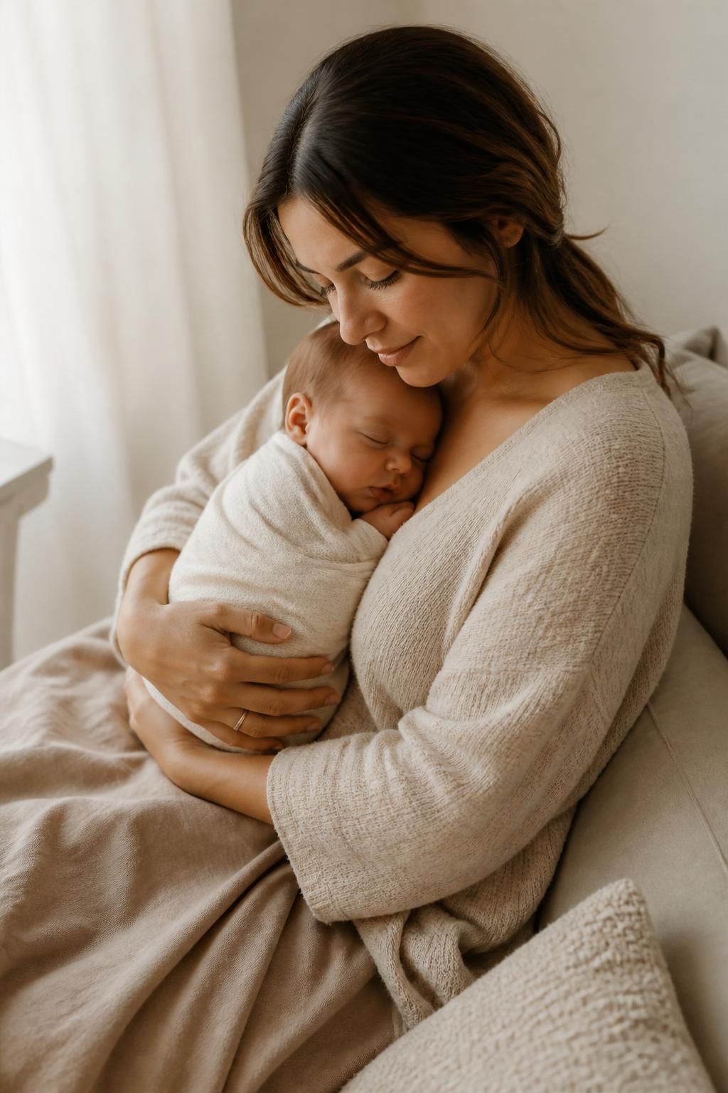 Mãe acolhendo seu bebê recém-nascido em ambiente claro e sereno